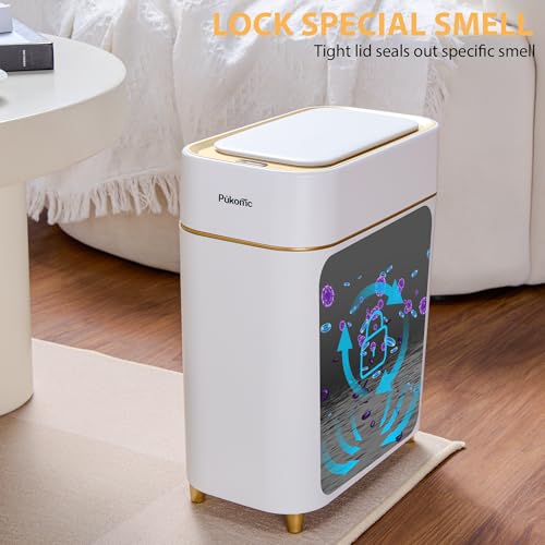 Pukomc Automatic Sensor Trash Can 2.3 Gallon Touchless Lid Quiet Close White Gold A928188
