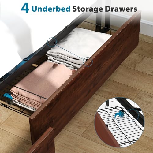 Queen Size Bed Frame with 4 Storage Drawers, LED, Charging Station, Gray L1115