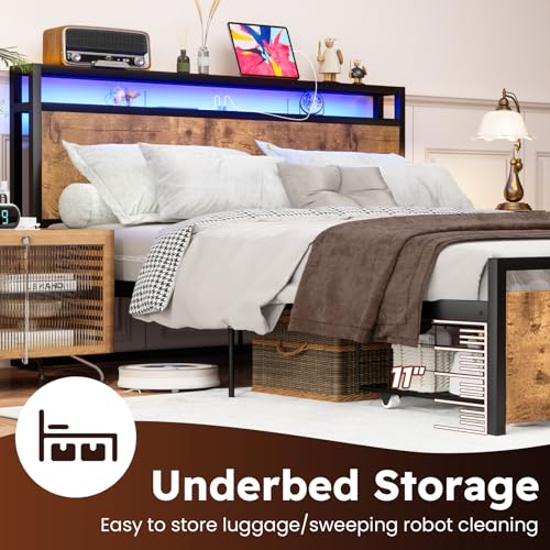 Full Size Bed Frame with Headboard, LED Lights, 4 Storage Drawers, Charging Station, Black C93321