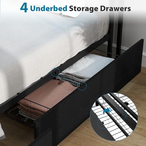 Full Size Bed Frame with Headboard, LED Lights, 4 Storage Drawers, Charging Station, Black C93321