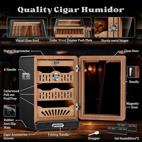 Glass Top Tabletop Cigar Humidor Cabinet with Spanish Cedar Tray, Black J2413