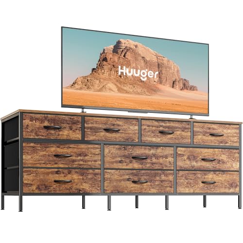 Huuger 63 Inch Dresser with 10 Fabric Drawers, Rustic Brown M836