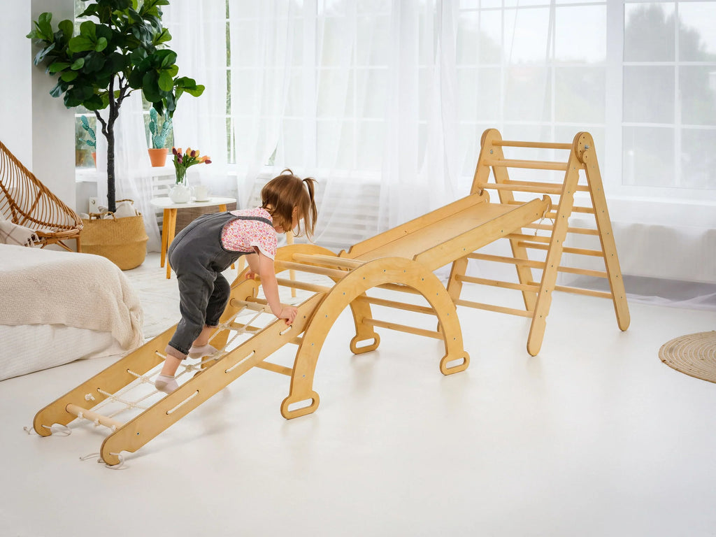 Montessori Wooden Foldable Indoor Playground with Climbing Arch, Slide Board & Spider Net for Kids K504037