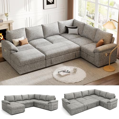 108 Inch U-Shaped Sectional Sleeper Sofa with Pull Out Bed, Dark Grey J60928