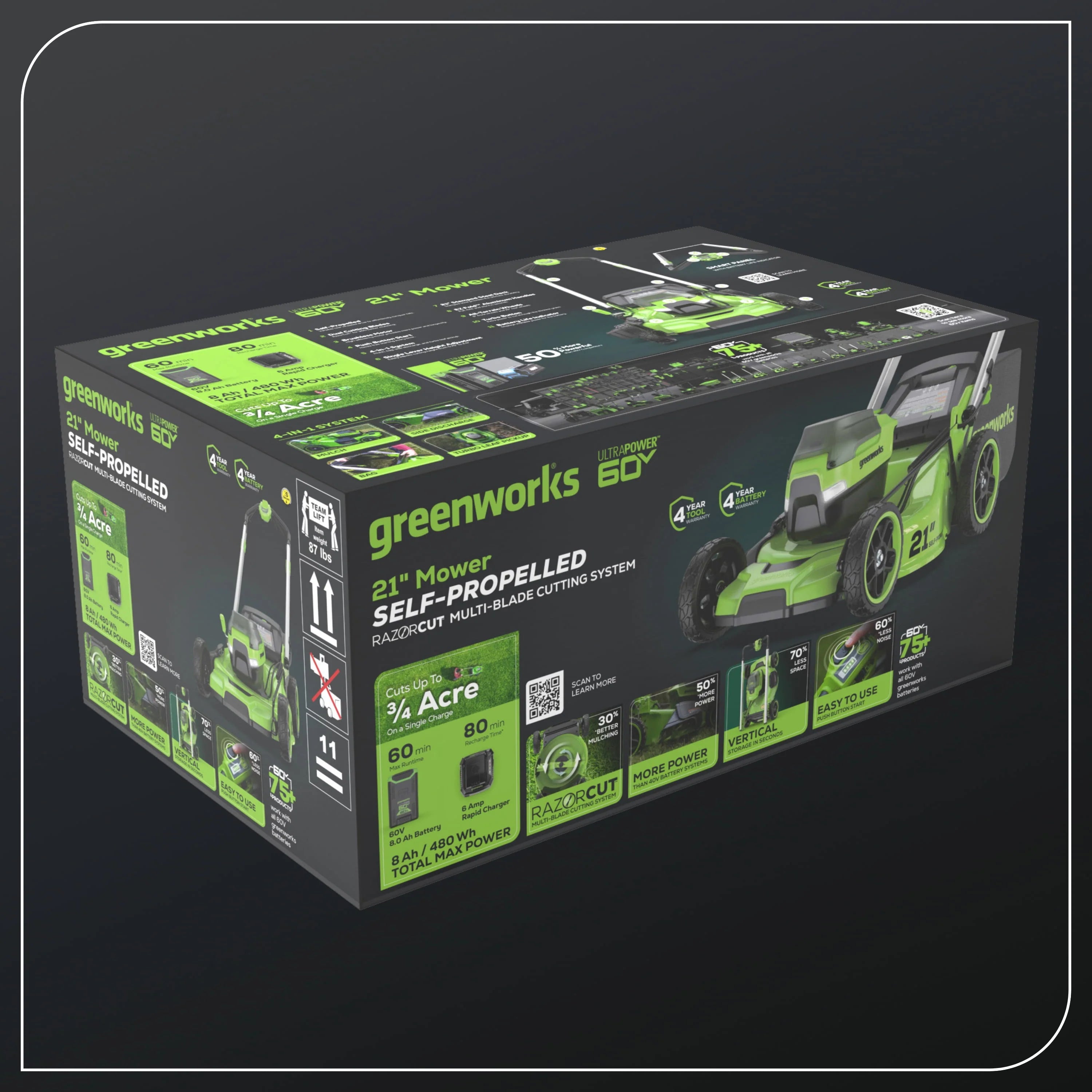 Greenworks 60V 21" Self Propelled Lawn Mower with 8.0 Ah Battery & Charger U974342