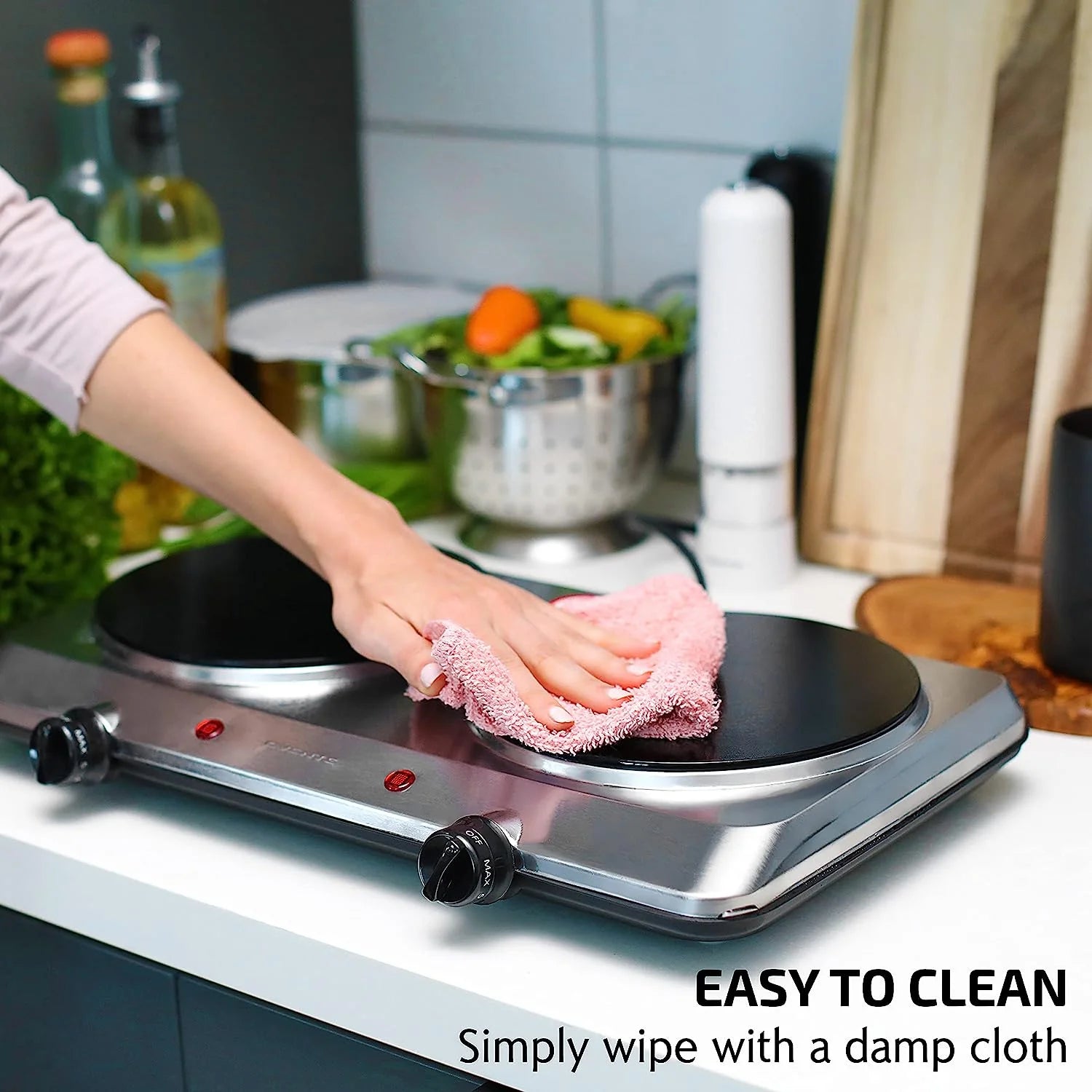 OVENTE Countertop Infrared Double Burner 1500W Electric Hot Plate, Silver V553987