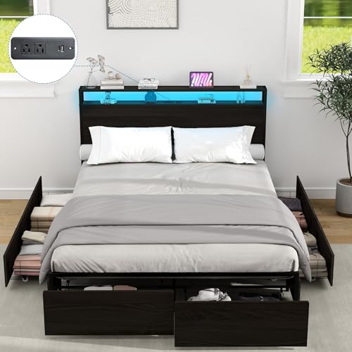 Full Size Bed Frame with Headboard, LED Lights, 4 Storage Drawers, Charging Station, Black C93321
