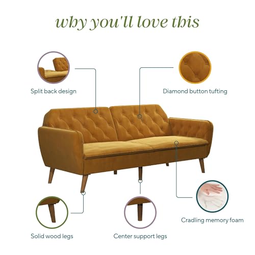 Novogratz Tallulah Memory Foam Futon Convertible Couch, Camel Faux Leather F5939