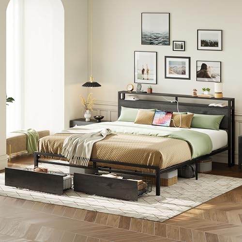 LIKIMIO King Bed Frame with Storage Headboard and Charging Station, Vintage Brown X317