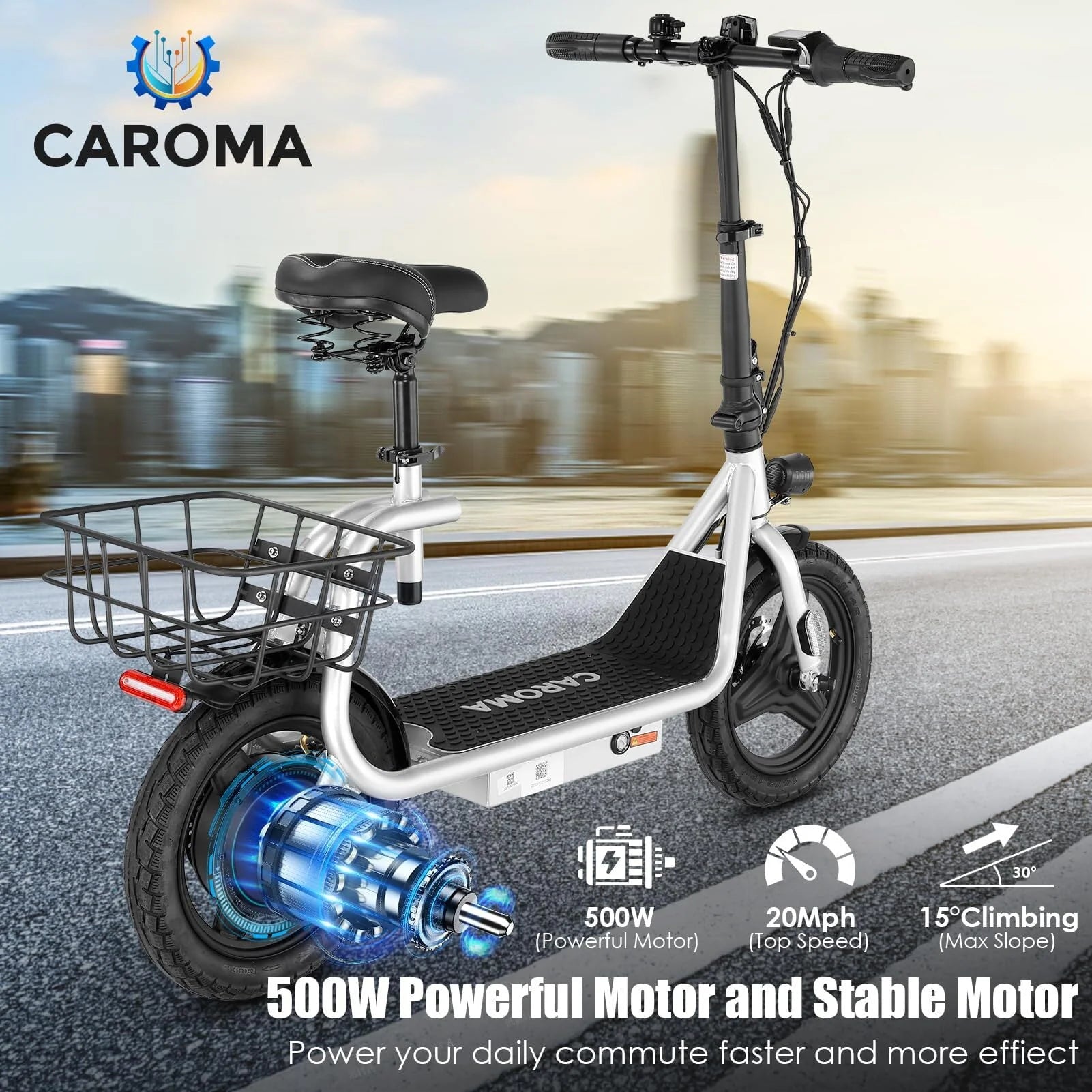 Caroma 500W Electric Scooter with Seat for Adult, 14 inch, 20 MPH F719250
