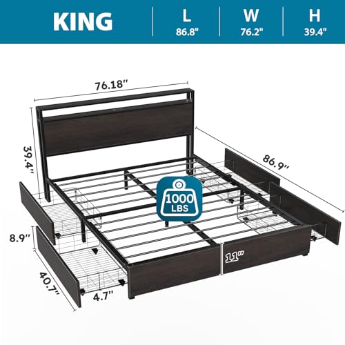 Full Size Bed Frame with Headboard, LED Lights, 4 Storage Drawers, Charging Station, Black C93321
