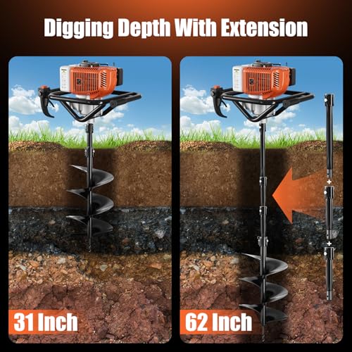 62cc Gas Powered Post Hole Digger with 2 Auger Drill Bits Q5993