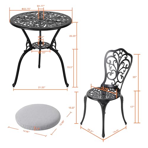 NUU GARDEN 3 Piece Cast Aluminum Bistro Set with Umbrella Hole, Black N80118