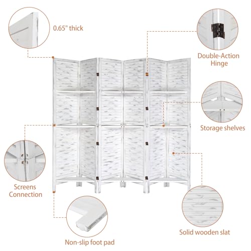 Bonnlo 6 Panel Wood Room Divider with Shelves, 6 FT Folding Privacy Screen T6528