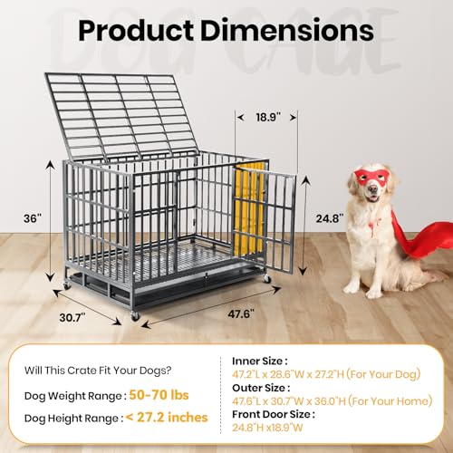Oranland 48 inch Heavy Duty Dog Crate for Large Dogs, Double Door with Wheels J273901