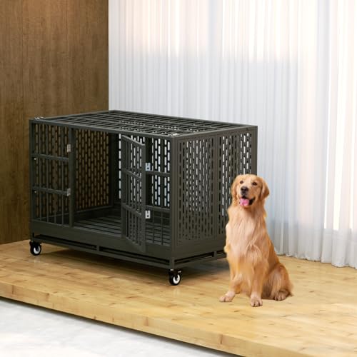 Heavy Duty Dog Crate with Wheels for Large Dogs, Folding Metal Cage with Removable Tray R395