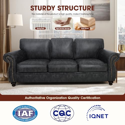 Mid-Century 3-Seater Sofa with Rivet Design, Removable Cover and Solid Wood Frame I150