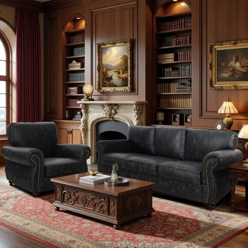 Mid-Century 3-Seater Sofa with Rivet Design, Removable Cover and Solid Wood Frame I150