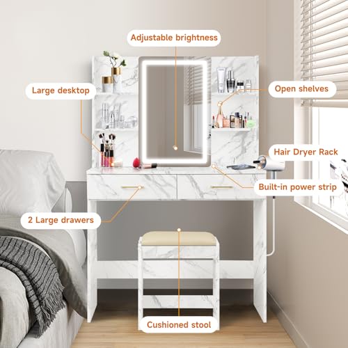 White Vanity Set with Lighted Mirror, Drawers and Stool V52922