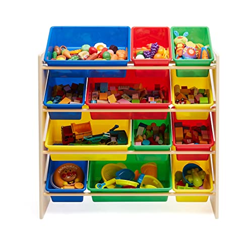 Amazon Basics Kids Toy Storage Organizer with 12 Plastic Bins, White and Pink E133327