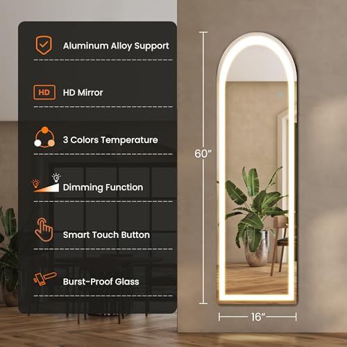 Arched Full Length Mirror with LED Lights, 60"x16" Floor Mirror with Stand T719302