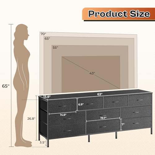 Huuger 63 Inch Dresser with 10 Fabric Drawers, Rustic Brown M836