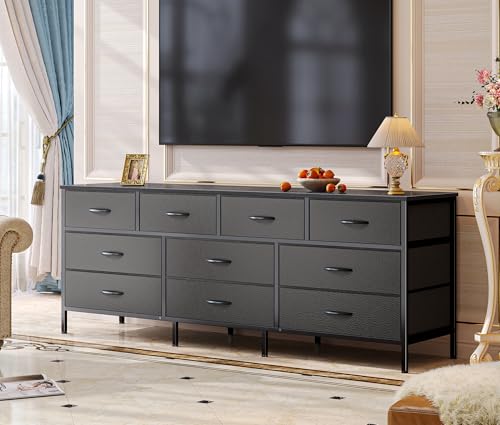 Huuger 63 Inch Dresser with 10 Fabric Drawers, Rustic Brown M836