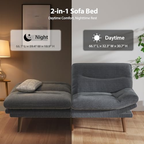 Pipishell Convertible Futon Sofa Bed, 66" Corduroy, Grey L81220