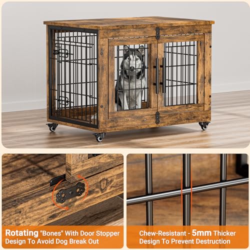 Lulive Dog Crate Furniture for Medium Dogs, 32" Wooden Kennel with Cushion & Wheels, Grey D230281