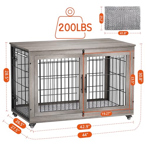 Lulive Dog Crate Furniture for Medium Dogs, 32" Wooden Kennel with Cushion & Wheels, Grey D230281