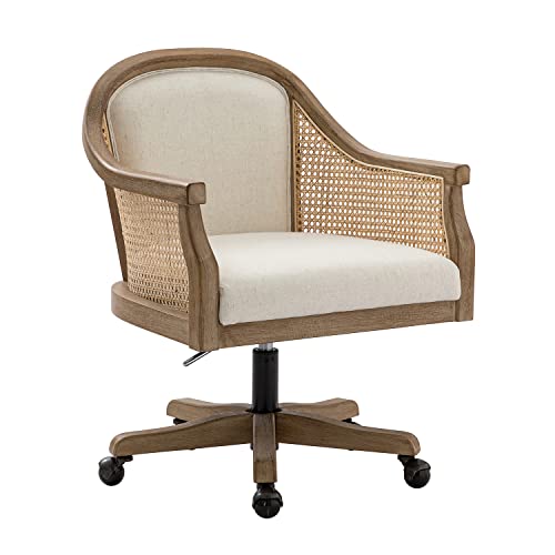 HULALA HOME Rattan Desk Chair, Upholstered Swivel Office Chair with Armrest, Ivory Z2505