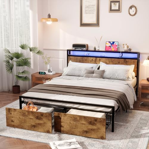 Queen Size Bed Frame with 4 Storage Drawers, LED, Charging Station, Gray L1115