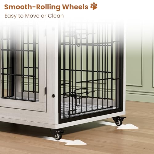 Lulive Dog Crate Furniture for Medium Dogs, 32" Wooden Kennel with Cushion & Wheels, Grey D230281