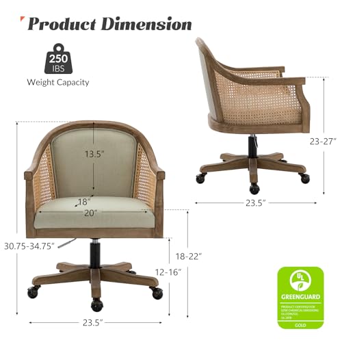 HULALA HOME Rattan Desk Chair, Upholstered Swivel Office Chair with Armrest, Ivory Z2505