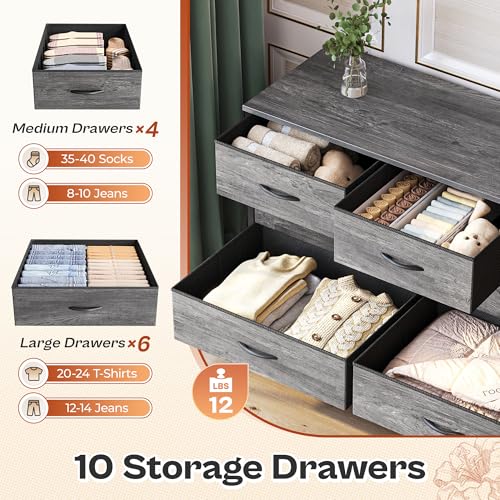 Huuger 63 Inch Dresser with 10 Fabric Drawers, Rustic Brown M836