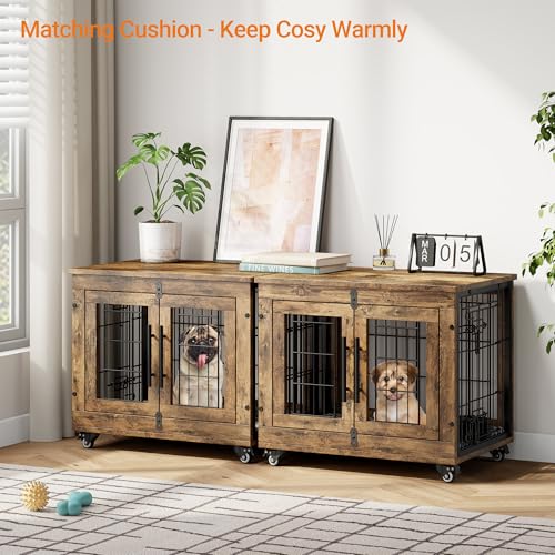 Lulive Dog Crate Furniture for Medium Dogs, 32" Wooden Kennel with Cushion & Wheels, Grey D230281