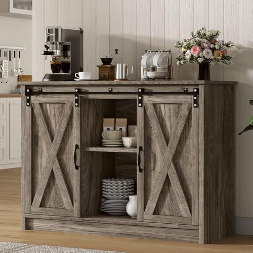 4 EVER WINNER Coffee Bar Cabinet with Sliding Barn Doors, 42" Sideboard Buffet, Espresso O37010
