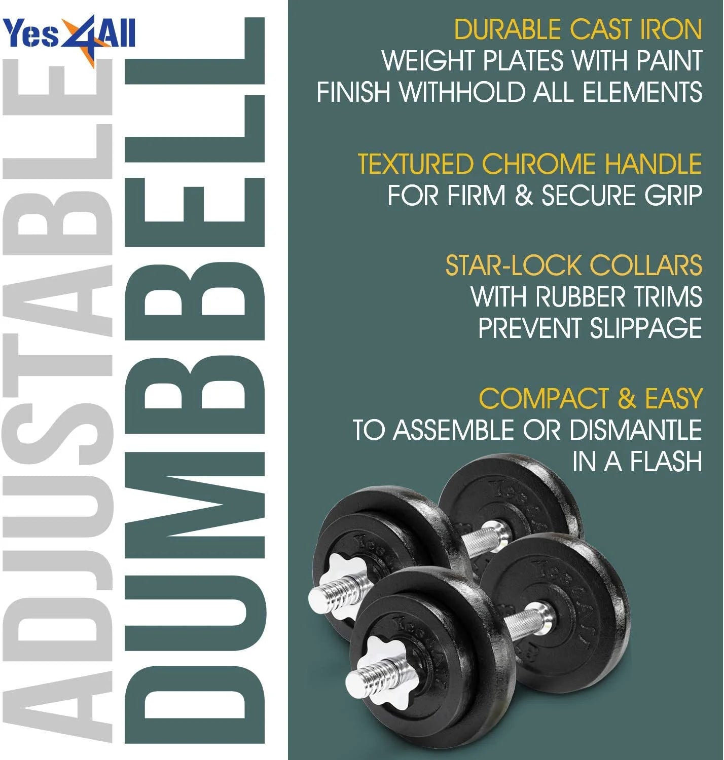 Yes4All 60 lbs Adjustable Dumbbell Set, Cast Iron Pair G3731