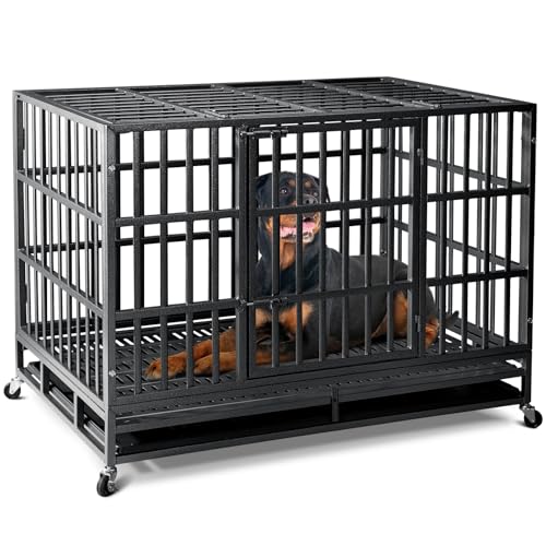 Oranland 48 inch Heavy Duty Dog Crate for Large Dogs, Double Door with Wheels J273901