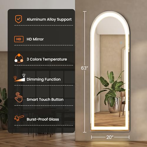 Arched Full Length Mirror with LED Lights, 60"x16" Floor Mirror with Stand T719302