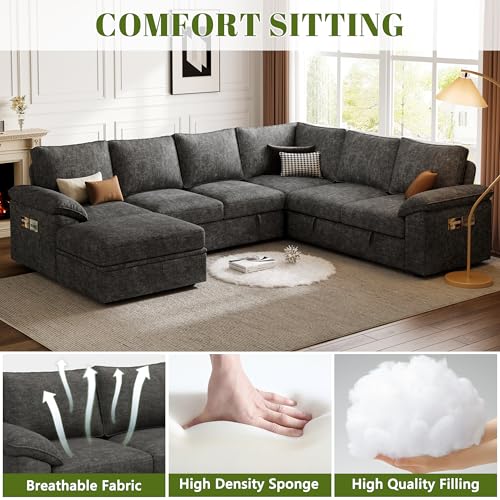 108 Inch U-Shaped Sectional Sleeper Sofa with Pull Out Bed, Dark Grey J60928