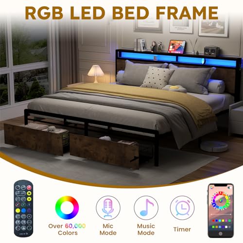 Full Size Bed Frame with Headboard, LED Lights, 4 Storage Drawers, Charging Station, Black C93321