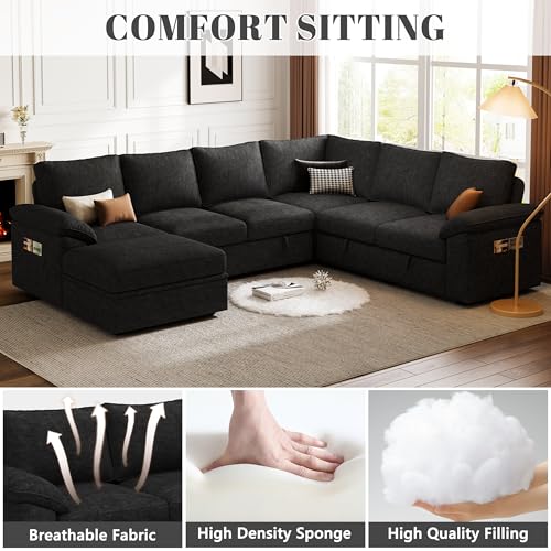 108 Inch U-Shaped Sectional Sleeper Sofa with Pull Out Bed, Dark Grey J60928