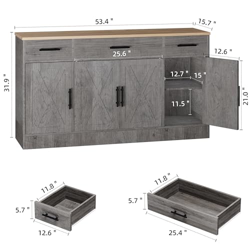 Shintenchi Buffet Cabinet with Storage, 53.4" Farmhouse Sideboard, Ash Grey Y999