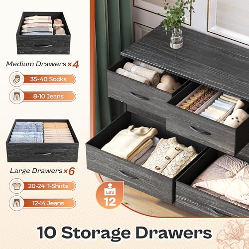 Huuger 63 Inch Dresser with 10 Fabric Drawers, Rustic Brown M836