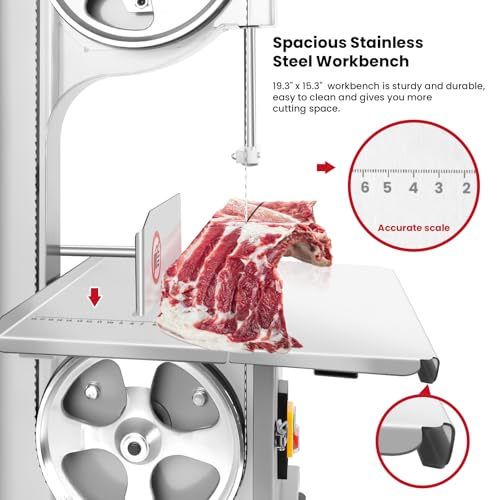 1500W Electric Meat Bone Saw, Stainless Steel Tabletop Bandsaw with 6 Blades D1604