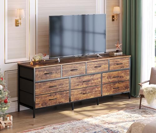 Huuger 63 Inch Dresser with 10 Fabric Drawers, Rustic Brown M836