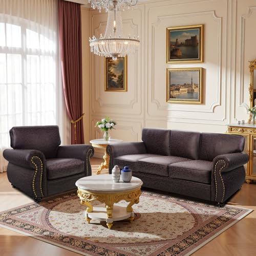 Mid-Century 3-Seater Sofa with Rivet Design, Removable Cover and Solid Wood Frame I150