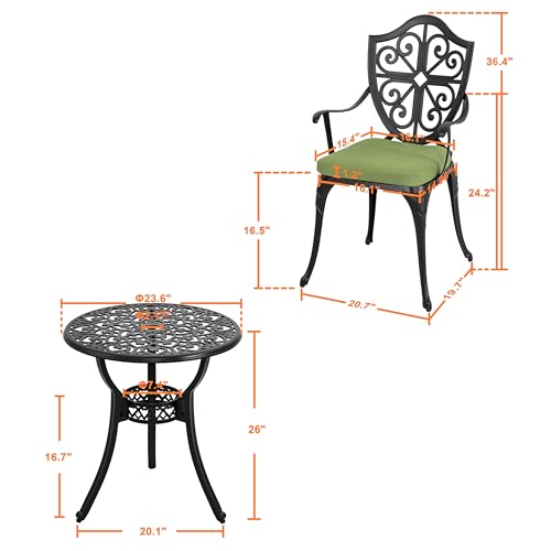 NUU GARDEN 3 Piece Cast Aluminum Bistro Set with Umbrella Hole, Black N80118