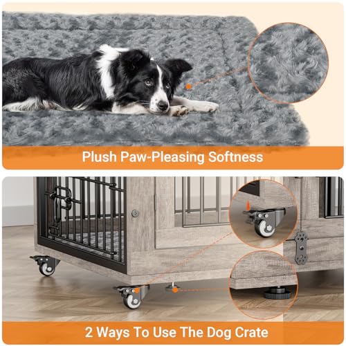 Lulive Dog Crate Furniture for Medium Dogs, 32" Wooden Kennel with Cushion & Wheels, Grey D230281